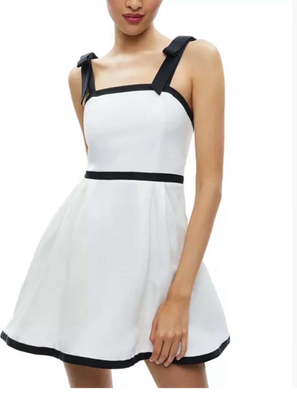 Alice + Olivia White Mini Dress with Black Trim and Bow Straps